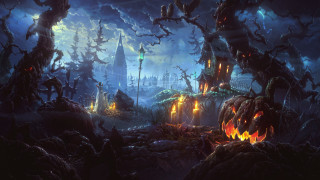 Dark forest pumpkins castle full - a painting free wallpaper