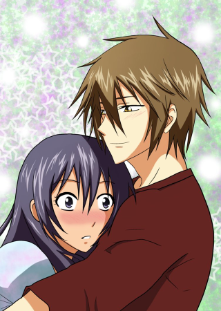 Anime couple hugging snowflakes background - aya goda free wallpaper for mobile