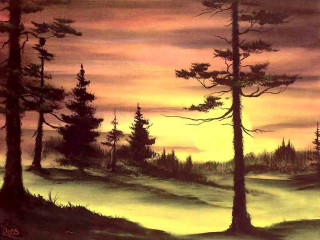 Sunset forest trees fog distant - airbrush free wallpaper