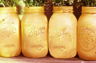 Four yellow mason jars flowers - balcomb greene free wallpaper