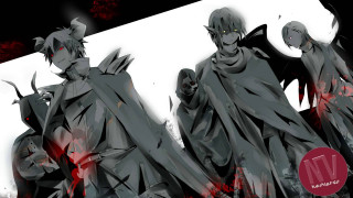 Demonic men group white wall - red lettering free wallpaper