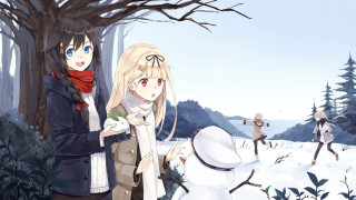 Anime characters snow tree snowman - official art free wallpaper for desktop