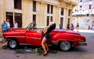 Woman leaning red car street - the hood free wallpaper for desktop