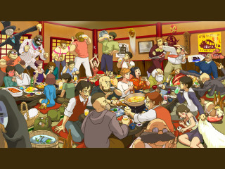 Gathered people table eating food - wine free wallpaper
