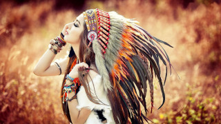 Woman feather headdress bracelet neck - aestheticism free wallpaper for desktop