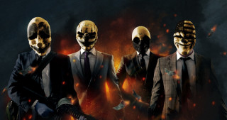 Three men suits masks guns - behind them free wallpaper for desktop