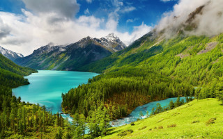 Mountain lake green trees cloudy 3 - a cloudy sky free wallpaper for desktop