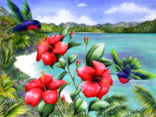 Bird flying lake red flowers - a painting of a bird free wallpaper