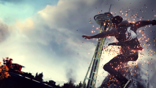 Skateboarder fireworks tower sunset flames - a skateboard free wallpaper