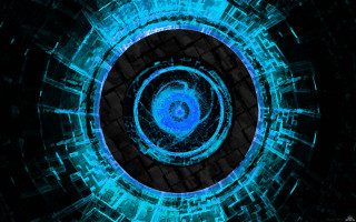 Blue circular hologram cityscape gear - cybernetic free wallpaper for desktop