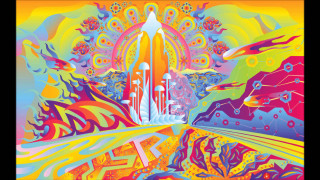 Space shuttle psychedelic landscape rainbow - a yellow border free wallpaper