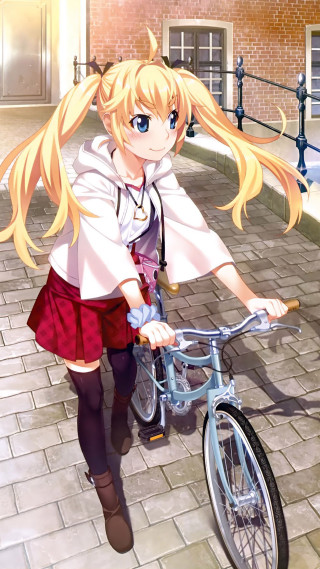 Girl riding bike brick road - free 3d render wallpaper for mobile