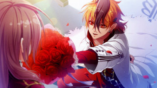 Romantic portrait redhaired man rose - his hand and another man free wallpaper