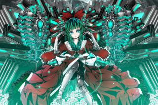 Anime green hair red dress - cybernetic free wallpaper for desktop