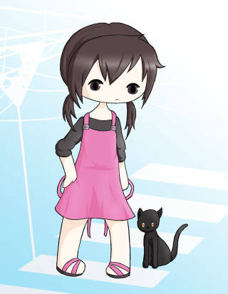 Girl pinkdress blackcat bluebackground anime - net art free wallpaper for mobile