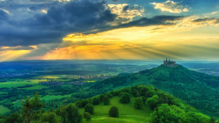 Castle hill sunset clouds scenic - german romanticism free wallpaper