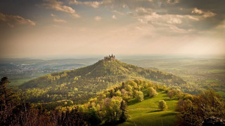 Castle hill valley cloudy sky - german romanticism free wallpaper
