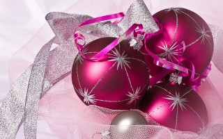 Shiny pink christmas ornaments ribbons - a white ribbon free wallpaper