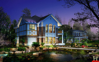 Large blue house pond night 2 - a pond in front free wallpaper