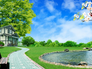 Woman bench house lake tree - art green free wallpaper for desktop