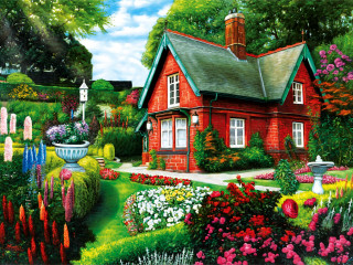 Red house flowers trees garden - a red house free wallpaper