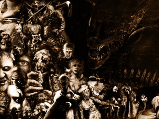 Group monsters sepia black background - photo of a man free wallpaper
