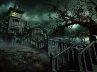 Creepy house clock tower night - matte painting free wallpaper
