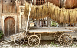 Wooden cart straw hanging clock - digital art free wallpaper