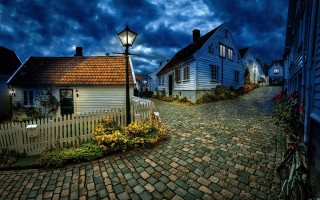 Cobblestone street white house lamp - a cobblestone street free wallpaper for desktop