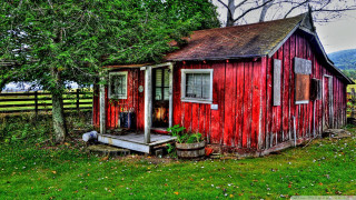 Red shed porch door windows - a fence and trees free wallpaper