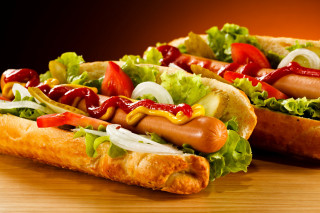Two hot dogs with ketchup - food photography free wallpaper for desktop