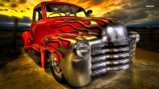 Red silver truck flames hood - truck free wallpaper