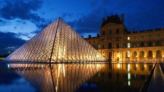 Large glass pyramid night building - architecture free wallpaper