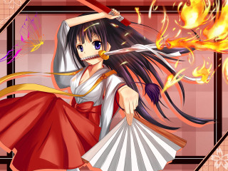 Woman red dress fan sword - a fire in the background free wallpaper