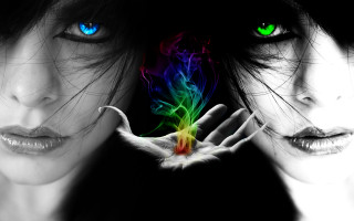 Women green eyes rainbow hand - hand free wallpaper