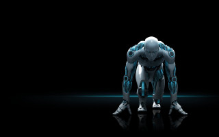 Robot standing dark hands knees - its hand free wallpaper
