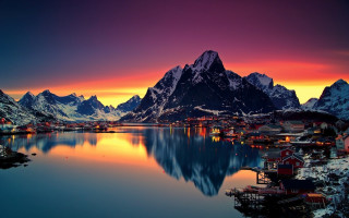 Mountain lake town sunset red - a red sky free wallpaper