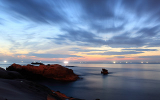 Water rocks clouds lights sky - the foreground and a sky free wallpaper for desktop