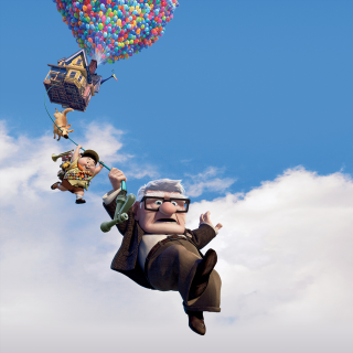 Cartoon character flying balloons house - free happy birthday wallpaper for tablet
