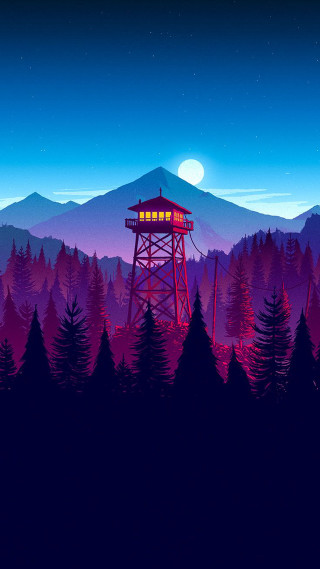 Red tower forest night full - a full moon in the background free wallpaper for mobile
