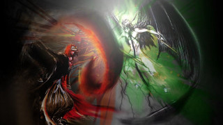 Red dress woman giant horns - rob rey and kentaro miura style free wallpaper