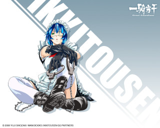 Blue haired maid sitting cuffs - black glove free wallpaper
