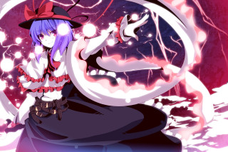 Woman purple hair hat sword - her hand and a demon in the background free wallpaper