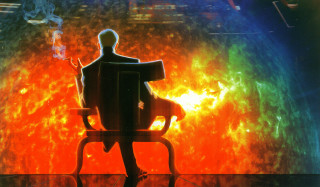 Man chair rainbow background light - syd mead. free wallpaper