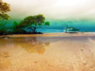 Boat water beach trees background - a green sky free wallpaper for desktop