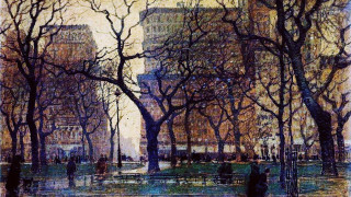 Park people walking trees background - a pointillism painting free wallpaper