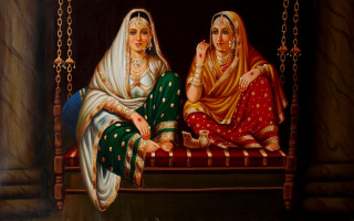 Two women swing painting together - qajar art free wallpaper for desktop