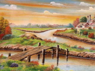 Bridge river house dock painting - oil painting free wallpaper for desktop
