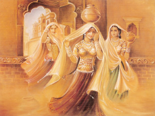 Three women traditional indian garb - canvas painting free wallpaper