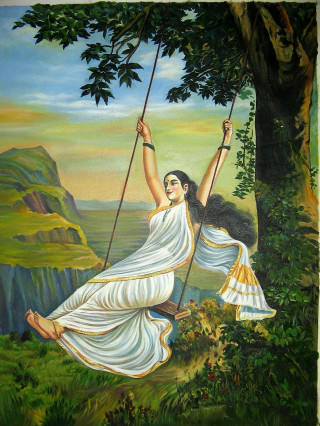 Woman swinging forest mountain sky - classical painting free wallpaper
